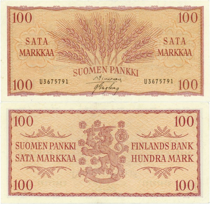 100 Markkaa 1957 U3675791 kl.6